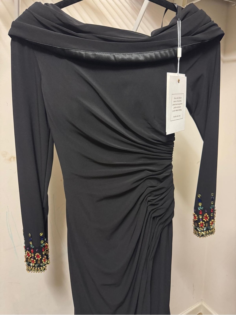 Mac Duggal Black Ruched Long-Sleeve Dress with Jeweled Cuffs